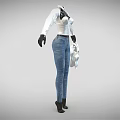 White Shirt With Black Patent Leather Corset And Blue Jeans Holding White Undergarment