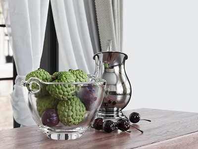 Green Sugar Apples And Purple Plums In Glass Bowl With Silver Container On Table 3d model