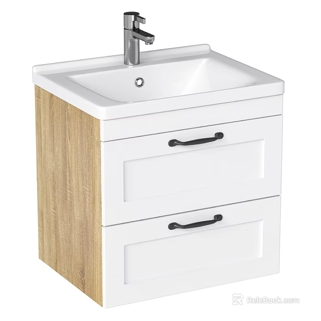 Modern Bathroom Vanity With White Drawers Black Handles And Wood Side Panel 3d model 