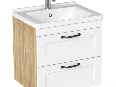 Modern Bathroom Vanity With White Drawers Black Handles And Wood Side Panel 3d model