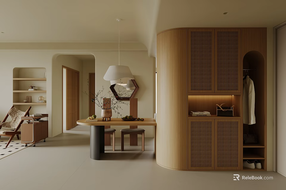 Modern Living and Dining Room Interior With Curved Wooden Cabinets Pendant Light and Dining Table 3d model 
