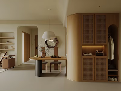 Modern Living and Dining Room Interior With Curved Wooden Cabinets Pendant Light and Dining Table 3d model