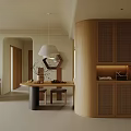 Modern Living and Dining Room Interior With Curved Wooden Cabinets Pendant Light and Dining Table