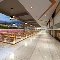 Spacious Cafeteria Interior With Neatly Arranged Yellow Tables Chairs Ceiling Lights And Marble Floor