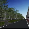 Residential Area Road Facilities With Street Lamps Green Trees Sidewalks And Parked Vehicles