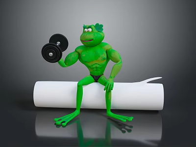 3D Cartoon Muscular Green Frog Lifting Dumbbell Sitting On White Roll With Gray Background 3d model