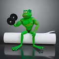 3D Cartoon Muscular Green Frog Lifting Dumbbell Sitting On White Roll With Gray Background