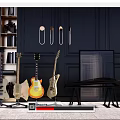 Modern Musical Instruments Display Featuring Guitars Piano Bench And Black Wall Interior 3d model
