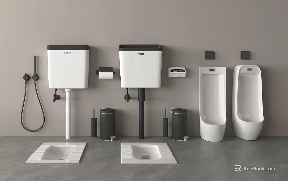 Modern Bathroom Toilet Display With Squat Toilets Wall Mounted Cisterns Urinals And Accessories 3d model 