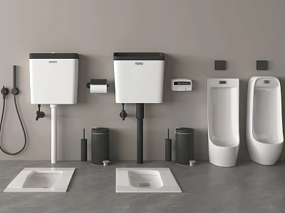Modern Bathroom Toilet Display With Squat Toilets Wall Mounted Cisterns Urinals And Accessories 3d model
