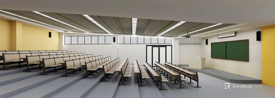 Modern School Classroom Interior Featuring Neatly Arranged Long Desks Chairs And Windows 3d model 