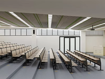 Modern School Classroom Interior Featuring Neatly Arranged Long Desks Chairs And Windows 3d model