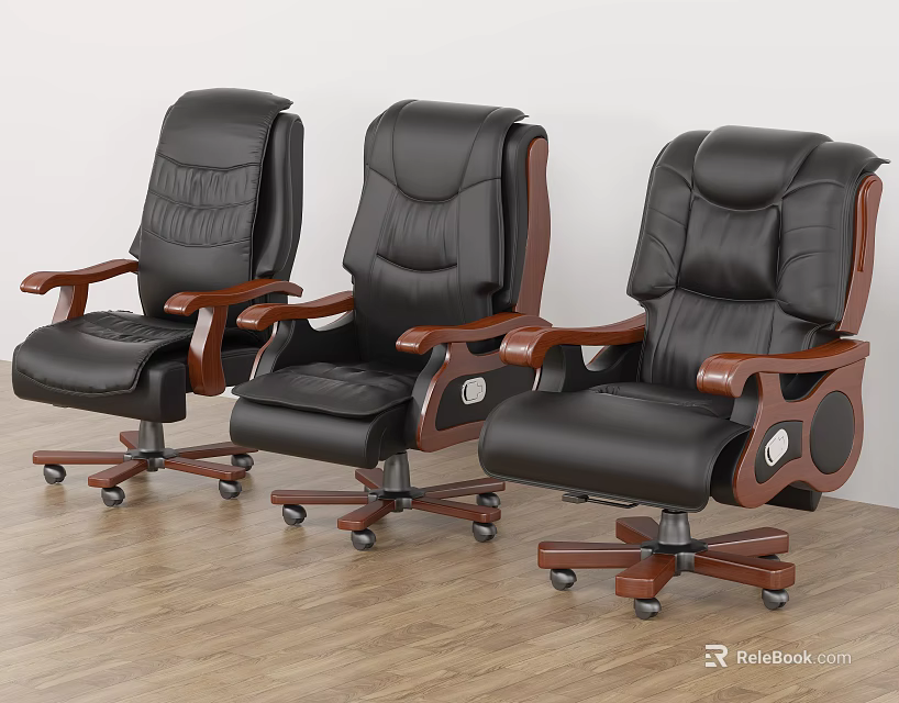 Comfortable Black Leather Office Chair With Wooden Armrests Thick Backrest And Wheels 3d model 