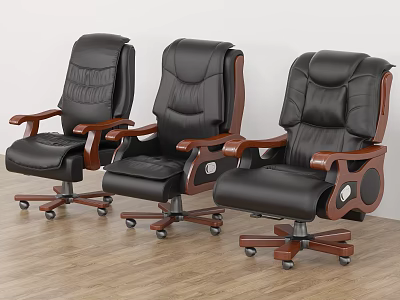 Comfortable Black Leather Office Chair With Wooden Armrests Thick Backrest And Wheels 3d model