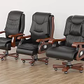 Comfortable Black Leather Office Chair With Wooden Armrests Thick Backrest And Wheels