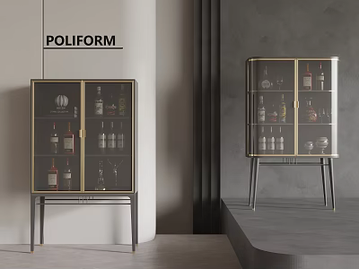 Elegant Modern Wine Cabinet Interior With Glass Doors Metal Frame And Wine Bottles Glassware 3d model