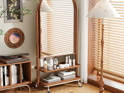 Full Length Wooden Frame Mirror in Modern Living Room with Bookshelf Lamp and Decor 3d model