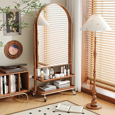 Full Length Wooden Frame Mirror in Modern Living Room with Bookshelf Lamp and Decor 3d model