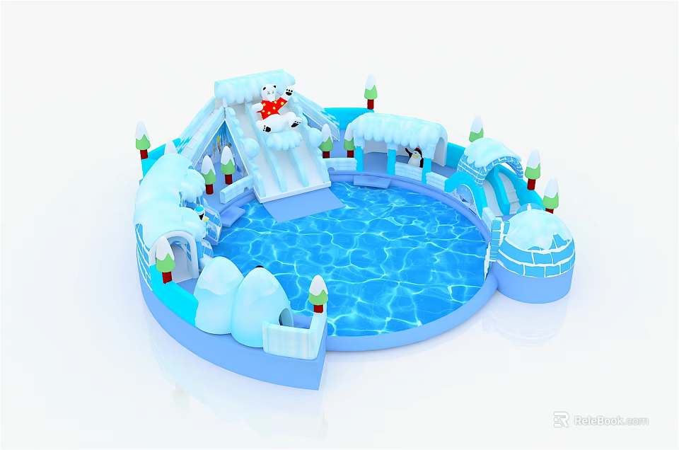 Inflatable Ice Snow Theme Play Equipment With Slide Pool Penguin Decorations And Snowman 3d model 