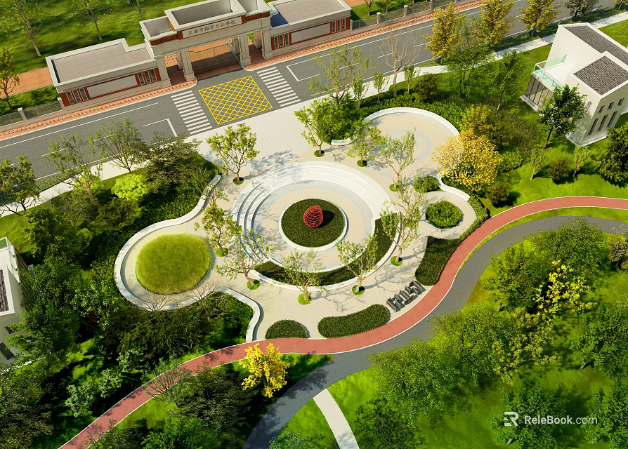Beautiful Park Landscape Featuring Circular Square Central Flower Bed Green Plants And Curved Pathway 3d model 