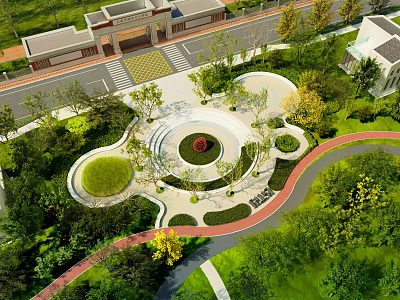Beautiful Park Landscape Featuring Circular Square Central Flower Bed Green Plants And Curved Pathway 3d model