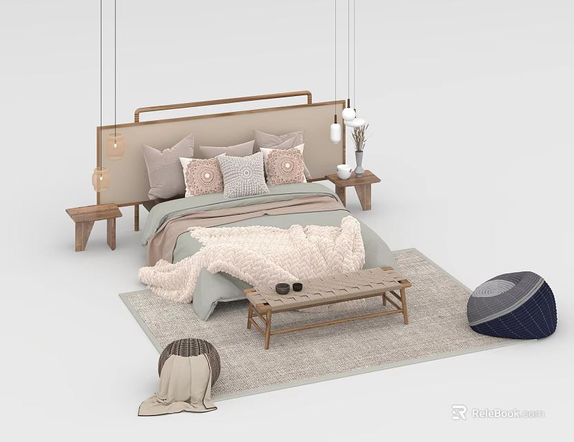 Modern Double Bed With Wooden Headboard Decorative Pillows And End Of Bed Bench 3d model 