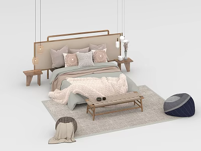 Modern Double Bed With Wooden Headboard Decorative Pillows And End Of Bed Bench 3d model