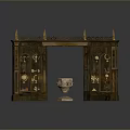 Vintage Wooden Display Cabinet With Carved Patterns And Central Decorative Vessel