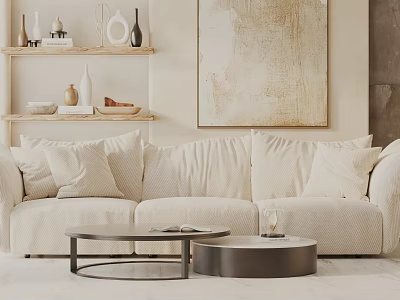 Beige Three Seater Sofa With Cozy Cushions Coffee Tables And Abstract Wall Art 3d model