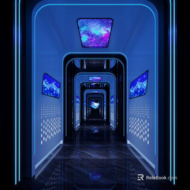 KTV Corridor with Starry Sky Ceiling Blue Glowing Screens and Modern Tech Design 3d model 