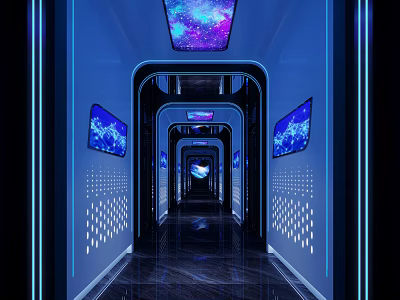 KTV Corridor with Starry Sky Ceiling Blue Glowing Screens and Modern Tech Design 3d model