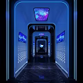 KTV Corridor with Starry Sky Ceiling Blue Glowing Screens and Modern Tech Design