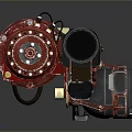 Red Mechanical Weapon With Metallic Structure Black Components And Green Wheels
