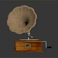 Vintage Gramophone With Golden Horn Wooden Base Black Turntable And Green Record