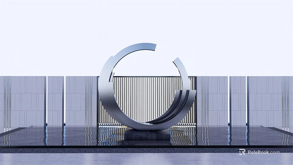 Silver Circular Landscape Sculpture With Vertical Striped Gray Walls And Reflective Ground 3d model 