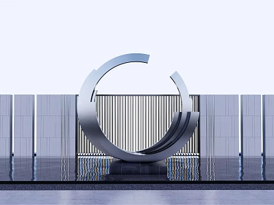 Silver Circular Landscape Sculpture With Vertical Striped Gray Walls And Reflective Ground 3d model