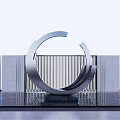 Silver Circular Landscape Sculpture With Vertical Striped Gray Walls And Reflective Ground