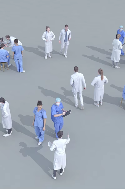 Multiple Doctors and Nurses in Uniforms Standing and Sitting at Team Gathering 3d model