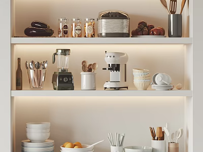 Spice Jars On Kitchen Shelves With Cookware Dishes And Utensils 3d model