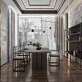 Modern Living Dining Room Dark Tones Open Concept Marble Table Sofa Art Sculpture Large Windows