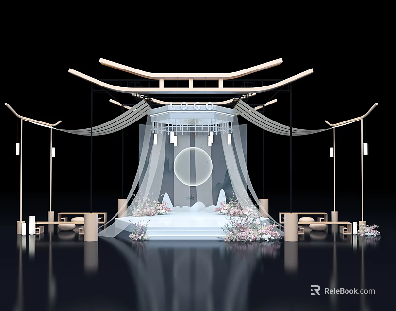 Elegant Wedding Stage Design With White Curtain Round Backdrop And Floral Decorations 3d model 
