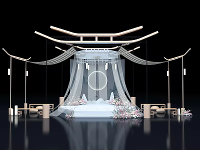 Elegant Wedding Stage Design With White Curtain Round Backdrop And Floral Decorations 3d model