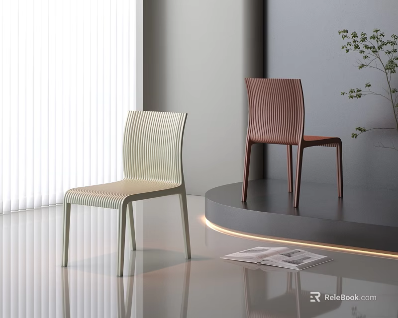 Modern Striped Light And Brown Chairs In Minimalist Interior With Plant And Platform 3d model 