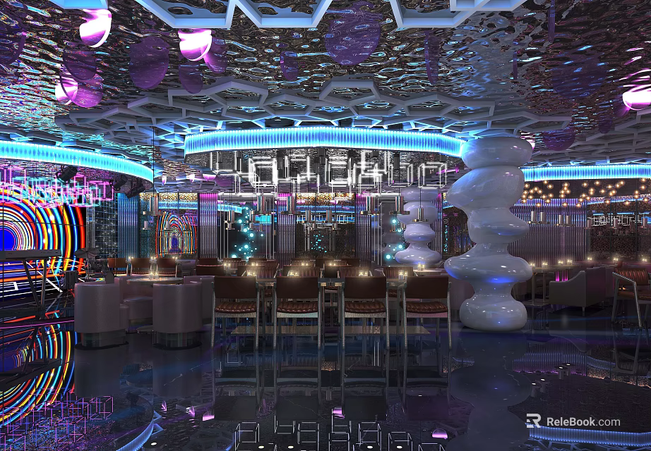 Modern Bar Interior with Neon Lights Colorful Lighting Mirrored Ceiling Bar Counter and Seats 3d model 