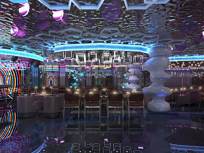 Modern Bar Interior with Neon Lights Colorful Lighting Mirrored Ceiling Bar Counter and Seats 3d model