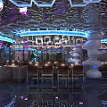Modern Bar Interior with Neon Lights Colorful Lighting Mirrored Ceiling Bar Counter and Seats