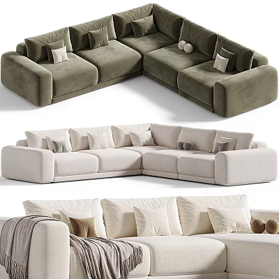 Stylish L Shaped Sectional Sofa With Green Beige Velvet Upholstery And Decorative Pillows 3d model