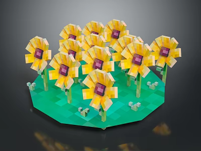 Yellow Flowers With Purple Centers On Green Platform Surrounded By Small Green Plants 3d model