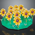 Yellow Flowers With Purple Centers On Green Platform Surrounded By Small Green Plants