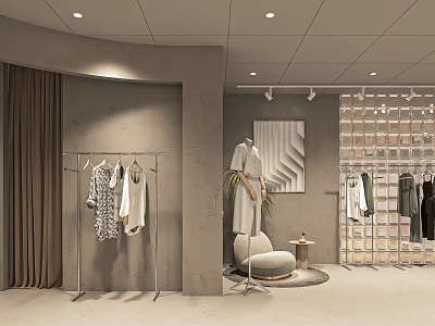 Modern Clothing Store With Hanging Clothes Concrete Walls Glass Block And Green Plants 3d model